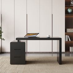 a desk with a laptop on it in front of a bookcase and bookshelf