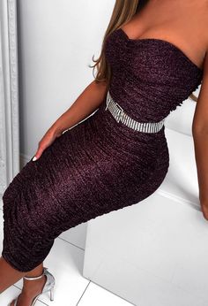 We're in LOVE with this purple bandeau midi dress! Get it in time for the weekend with UK Next Day Delivery! Ruched Midi Dress, Bandeau Dress, 50's Dress, Sweater Weather, Party Dresses, Strapless Dress Formal