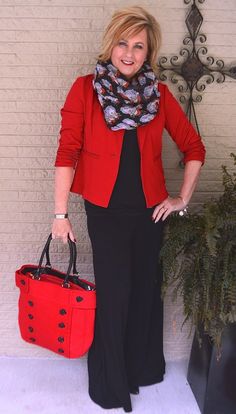 RED AND BLACK A CLASSIC COMBINATION | Palazzo Pants | Santa Claus | Scarf | Fashion over 40 for the everyday woman Moda Over 40, Fashion Over Fifty, 50 Is Not Old, Red Purse, 60 Fashion