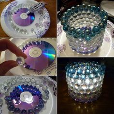 four pictures showing different ways to make a cd holder out of cds and glass beads