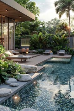 an outdoor swimming pool surrounded by greenery