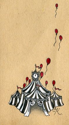 a drawing of a circus tent with red balloons