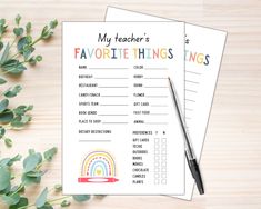 two teacher's favorite things printables on top of a wooden table with eucalyptus leaves