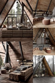 the interior of a cabin with wood walls and flooring is made up of wooden planks