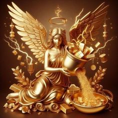 the golden angel is pouring gold coins into a pot