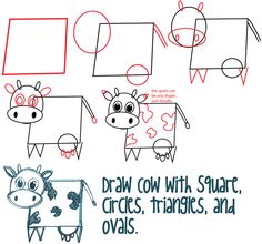 how to draw a cartoon cow with sharp circles, triangles and ovals step by step