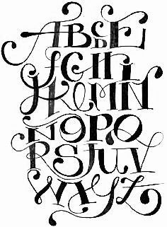 the upper and lower case of an old english alphabet, in black ink on white paper