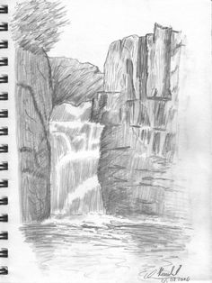 a pencil drawing of a waterfall