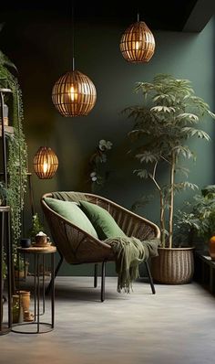 a living room with plants and hanging lights