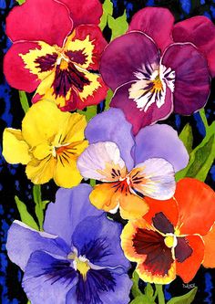 a painting of colorful flowers on a blue and black background with the words pansies written below it