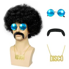 PRICES MAY VARY. [Package Include]: 5PCS Set=1*Black Afro Wig+1pc*Mustache+1*Glasses+1*Necklace+1*Hair Cap [Adjustable Straps For You ]: Average cap size(55-60cm/21.6-23.5inches), with 2 adjustable straps that can be fixed in a comfortable position. Adjustable cosplay wig size from small to medium to large, fits most adults and teenagers. [Personality]: You can wear it on many occasions. For example, you can wear this wig to celebrate festivals such as Halloween and Christmas, afro disco outfit, Funny Wigs, 70s Costume, Men's Wigs, 70s Look, Afro Wigs, 70s Outfits, Clown Costume, Disco Outfit, Cap Hair