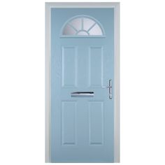 a blue door with an arched glass and metal handle on the bottom half of it