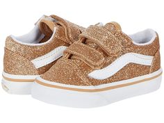 Vans Kids Old Skool V (Infant/Toddler) - Girls Shoes : (Glitter) Amberlight/True White : Go with a classic for your little one in the adorable Vans Kids Old Skool V sneakers with a double hook-and-loop closure for easy on and off wear. Suede/canvas upper features the famous Vans Sidestripe. Padded collar and tongue for extra comfort. Double hook-and-loop closure for easy on/off. Special Vans Off-the-Wall rubber waffle outsole. Measurements: Weight: 5 oz Product measurements were taken using size V Sneakers, Shoes Glitter, Stella Rose, Infant Shoes, Skechers Kids, Velcro Shoes, Vans Kids, Toddler Girl Shoes, Girl Things