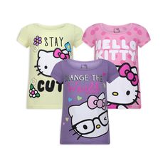 PRICES MAY VARY. Adorable, Snug and Comfortable 3 Pack Sanrio Hello Kitty Short Sleeve T-Shirts Contains One Fashionable Yellow Graphic "Stay Cute" Tee with Flower Print, One Pink Polka Dot Print Hello Kitty Cartoon Character Tee, and One Purple Winking Hello Kitty Graphic "Change the World" Tee Classic Fit and Crewneck line with a Double-Needle Clean Finished Hem. Lightweight and Breathable Fabric That Your Little Girl Will Feel Comfortable Wearing All Day Long The Perfect Gift for your Daughte Pink Hello Kitty Roblox T Shirt, Print Hello Kitty, Scene Clothes, Hello Kitty Clothes, Purple Sunglasses, Kitty Cartoon, Girl Sleeves, Hello Kitty Cartoon, Girls School