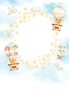 an illustration of hot air balloons flying in the sky with stars and doves around them