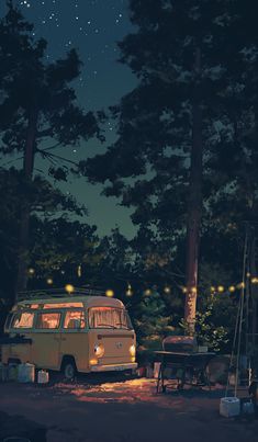 an old van parked in the woods at night with lights on it's windows