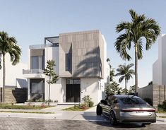 a car parked in front of a house with palm trees on the side of it