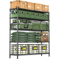 an industrial shelving unit with many boxes and containers on the bottom shelf, along with other storage bins