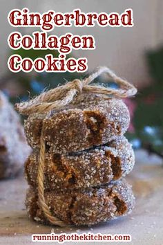 a stack of gingerbread collagen cookies sitting on top of each other with text overlay