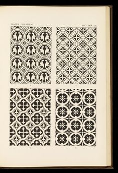 an open book with black and white designs on the pages, showing different patterns in each section