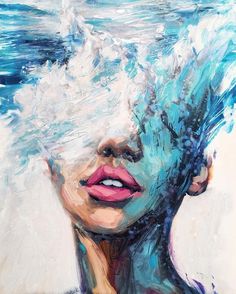 a painting of a woman's face with water splashing over her head and the ocean in the background