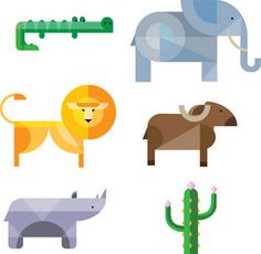 an elephant, giraffe, cactus, and other animals are grouped together