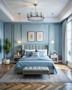 a bedroom with blue walls and wood flooring is pictured in this image, there are two lamps on either side of the bed