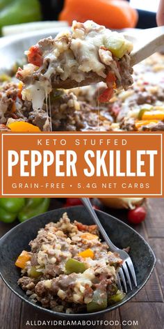 keto stuffed pepper skillet on a fork in a bowl with peppers and carrots