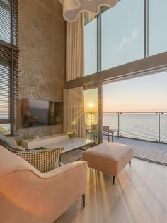 Beautiful sunset by the sea viewed from apartment Apartment On Beach, Apartments On The Beach, Beach Modern Apartment, Sea View Living Room, Apartment Near Beach, Beach View Apartment Aesthetic, Sea View Apartment Interior Design, Apartment With Sea View, Apartment By The Sea