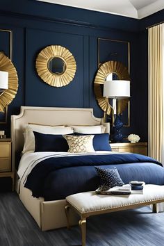 a bedroom with blue walls and gold accents