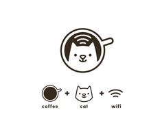 coffee and cat face with wifi icon set on white background, simple line art style