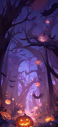 a halloween scene with pumpkins in the woods