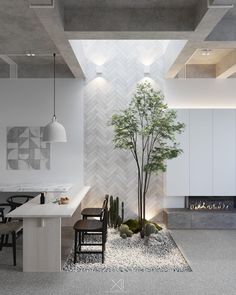 a living room with a tree in the center and chairs on the floor next to it