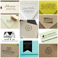 many different types of business cards and envelopes are shown in this collage photo