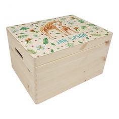 a wooden box with a giraffe design on the lid and words that say i am