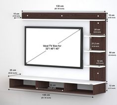 a tv mounted on the wall with shelves below it and measurements for each shelf in front