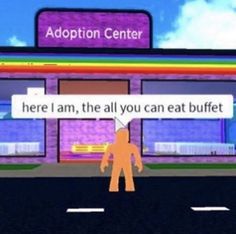 a cartoon character standing in front of a building with a sign that says, here i am, the all you can eat buffet