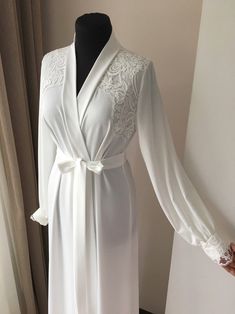 Long Bridal Robe With Lace Ivory Robe Morning Lingerie - Etsy Elegant Lace Trim Sleepwear For Wedding Night, Feminine Lace Wedding Robe, Elegant Lace Trim Nightgown For Wedding Night, Elegant Lace Sleepwear, Elegant Wedding Nightgown With Lace Trim, White Lace Nightgown For Wedding, Elegant Lace Bridal Robe, Elegant Lace Bride's Robe, Elegant Wedding Night Nightgown With Lace Trim