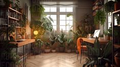 a room filled with lots of potted plants in front of a large window on top of a hard wood floor