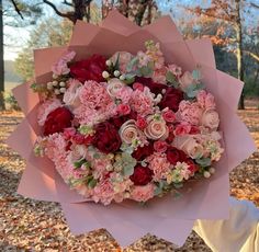 a person holding a bouquet of pink and red flowers in front of some leaves on the ground