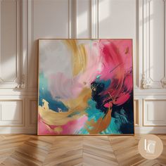 an abstract painting is hanging on the wall next to a chevron wooden floor and white walls