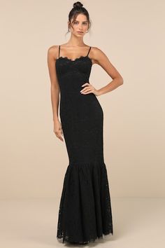 There's nothing like stepping into a room wearing the Lulus Instinctively Stunning Black Lace Bustier Trumpet Maxi Dress! This elevated dress is composed of gorgeous lace that shapes a bustier-style bodice with a sweetheart neckline with eyelash lace trim and padded cups, all supported by adjustable spaghetti straps. Figure-hugging silhouette is sure to catch you some compliments as it falls to a tiered, trumpet-style maxi hem with three layers of hidden tulle for volume. Hidden zipper/clasp at Black Fitted Lace Maxi Dress, Black Lace Maxi Dress With Lace Back, Black Lace Bodice Maxi Dress, Black Evening Maxi Dress With Lace-up Back, Black Floor-length Maxi Dress With Lace Bodice, Black Tie Wedding Guests, Lace Bustier, Fall Wedding Guest Dress, Lace Midi