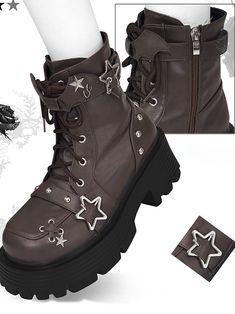 Step into a world of whimsical charm with these platform ankle boots, perfect for those who adore a blend of edgy and cute styles. Featuring a lace-up design, these boots are adorned with an enchanting adjustable strap at the ankle, complete with star-shaped buckles and playful bat wing embellishments. The side zipper ensures easy wearability, while the studded accents add a touch of rebellious flair.Ideal for anyone looking to make a bold fashion statement while embracing their inner kawaii spi Cute Black Boots, Y2k Boots, Steampunk Shoes, Star Boots, Steampunk Fashion Male, Gothic Skirts, Kawaii Shoes, Cute Styles, Bat Wing