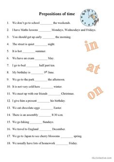 worksheet for prepositions of time