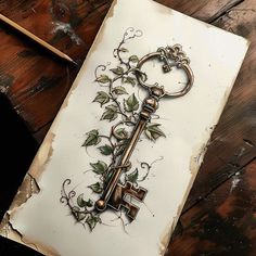 Key Tattoo Outlines Feminine Key Tattoo, Fancy Lines Design, Lock And Key Art, Framing Tattoos, Key Tattoo Men, Gallery Wall Tattoo, Steampunk Key Tattoo, Key Tattoo Designs Vintage, Magic Tattoo Witches