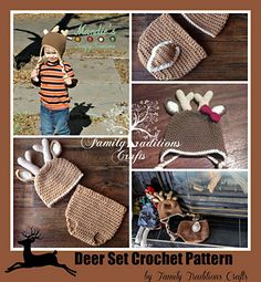 a collage of crocheted deer hats, mittens and booties for babies