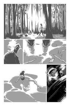 some black and white comics are being used to create an animation scene in the woods