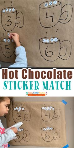 a child is drawing on a brown paper bag with coffee cups and the words hot chocolate sticker match