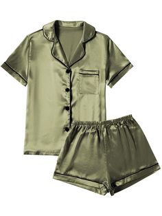 PRICES MAY VARY. Material: Pajama set is made of Premium 95%Polyester+5%Spandex satin fabric.Ultra soft silk pajamas for women, lightweight and Skin-friendly. Features: 2 Piece Pajama Set featuring classic sleepwear style.Short sleeve sleepwear with notch collar,button front pajamas shirt and one chest pocket design. Pajama shorts for women with soft elastic waist that fits for any body size and makes relaxing as comfort as possible. Match: Casual nightwear but in fashion way! You really need pa Pijama Satin, Satin Pajamas Set, Silk Pjs, Floral Pajama Set, Silky Pajamas, Satin Pj Set, Pyjama Satin, Satin Set, Floral Pajamas