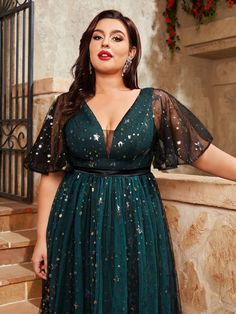 Plus Size Women V-Neck Sparkling Embroidery Contrast Color Double Layer Tulle Ball Gown Long Dress | SHEIN USA Plus Size Gowns Formal, Plus Size Ball Gown, Tulle Balls, Plus Size Gowns, Middle Age Fashion, Plus Size Formal Dresses, Sequin Embroidery, Tulle Ball Gown, 80 Dress